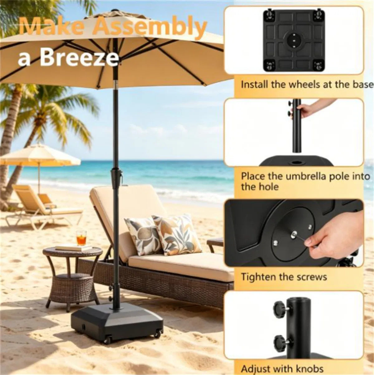 Black Fillable Umbrella Base With Wheels & Brakes, Heavyduty Water/sand