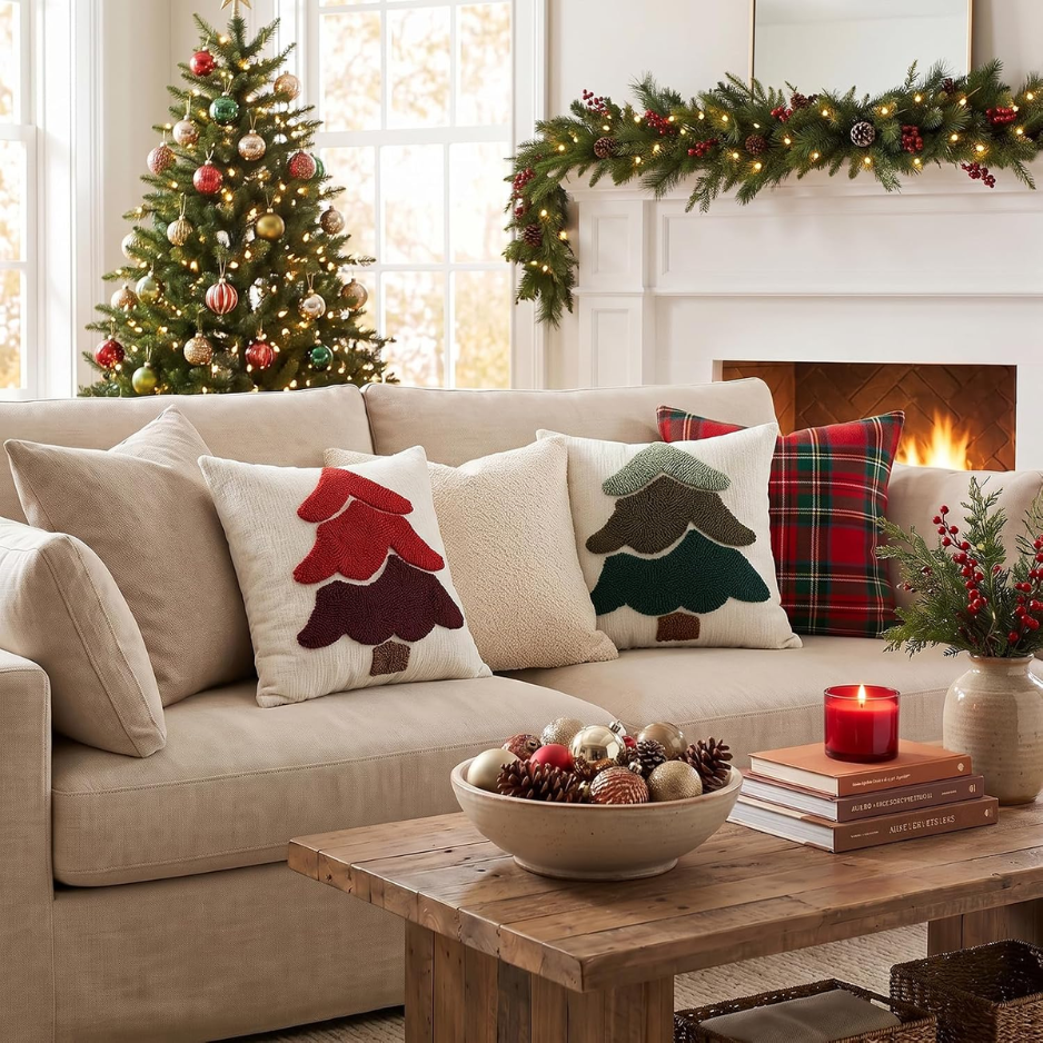 2Pcs Chenille Christmas Tree Pillow Covers 18x18, Red Holiday Decor