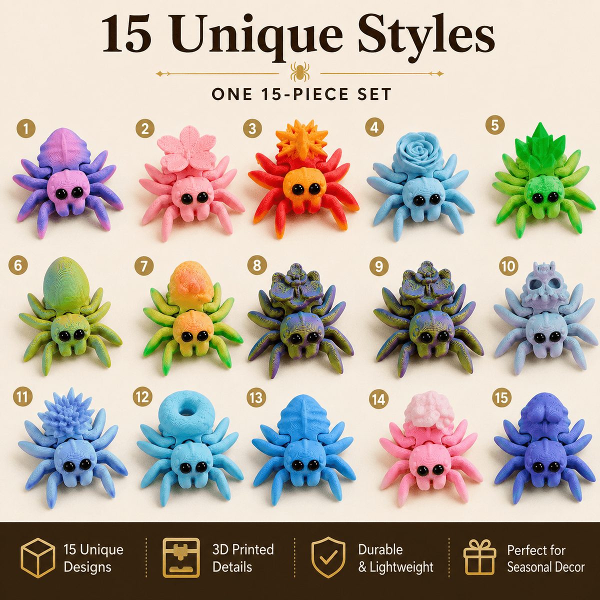 15PCS 3D Printed Mini Spider Figurine Set, Cute Assorted Seasonal Desk