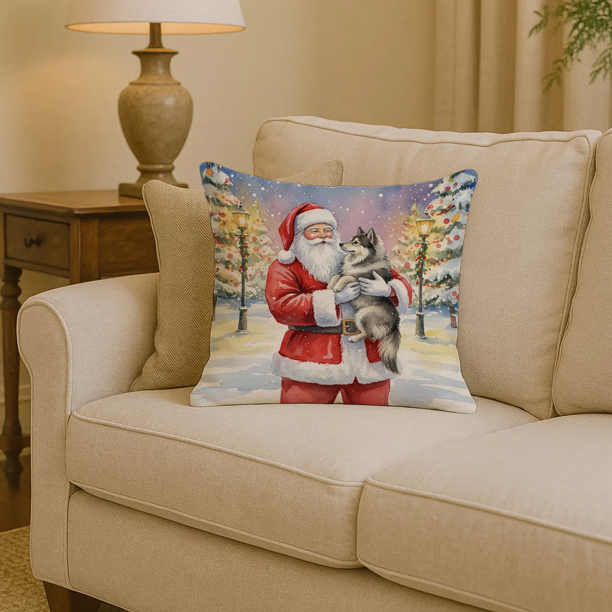 Keeshond With Santa Claus Throw Pillow Decorative Indoor Outdoor Accent