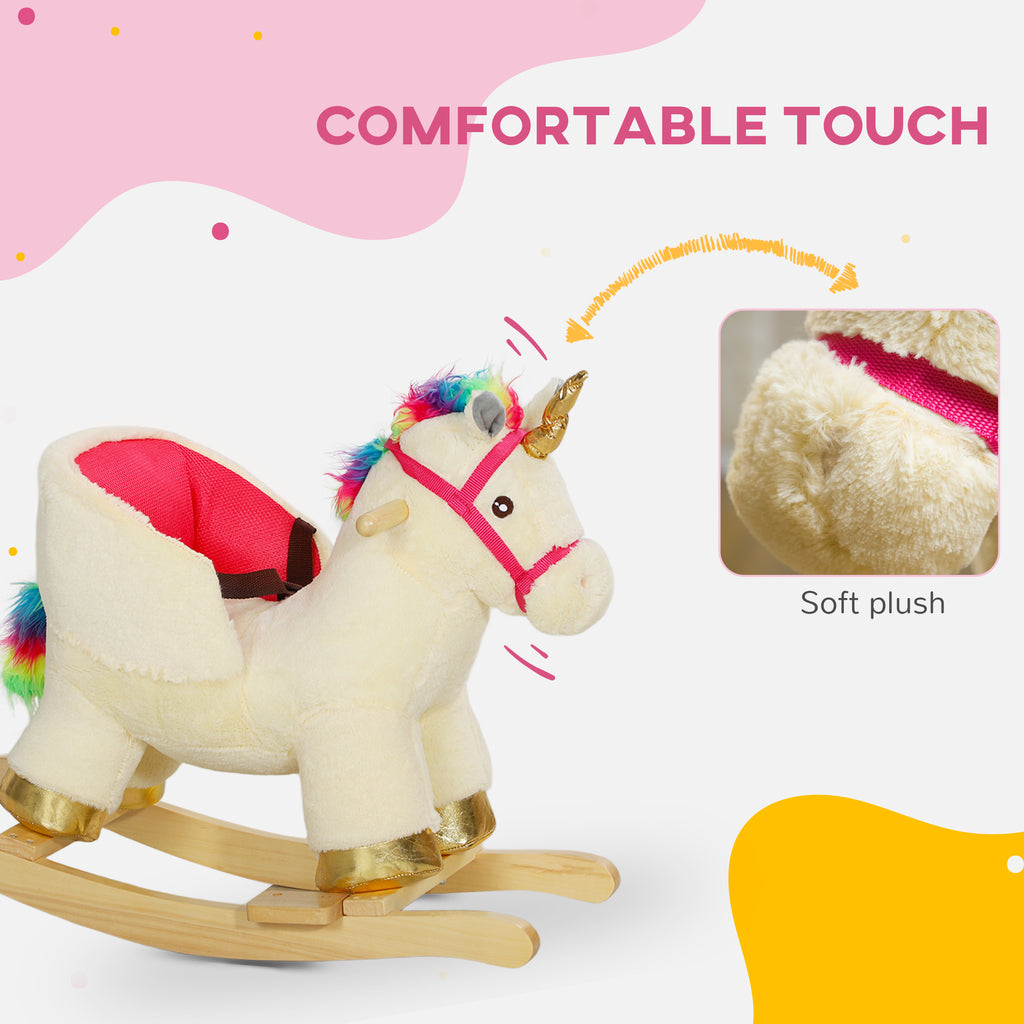 Kids Rocking Horse, Unicorn With Realistic Sound, Safety Belt & Wooden