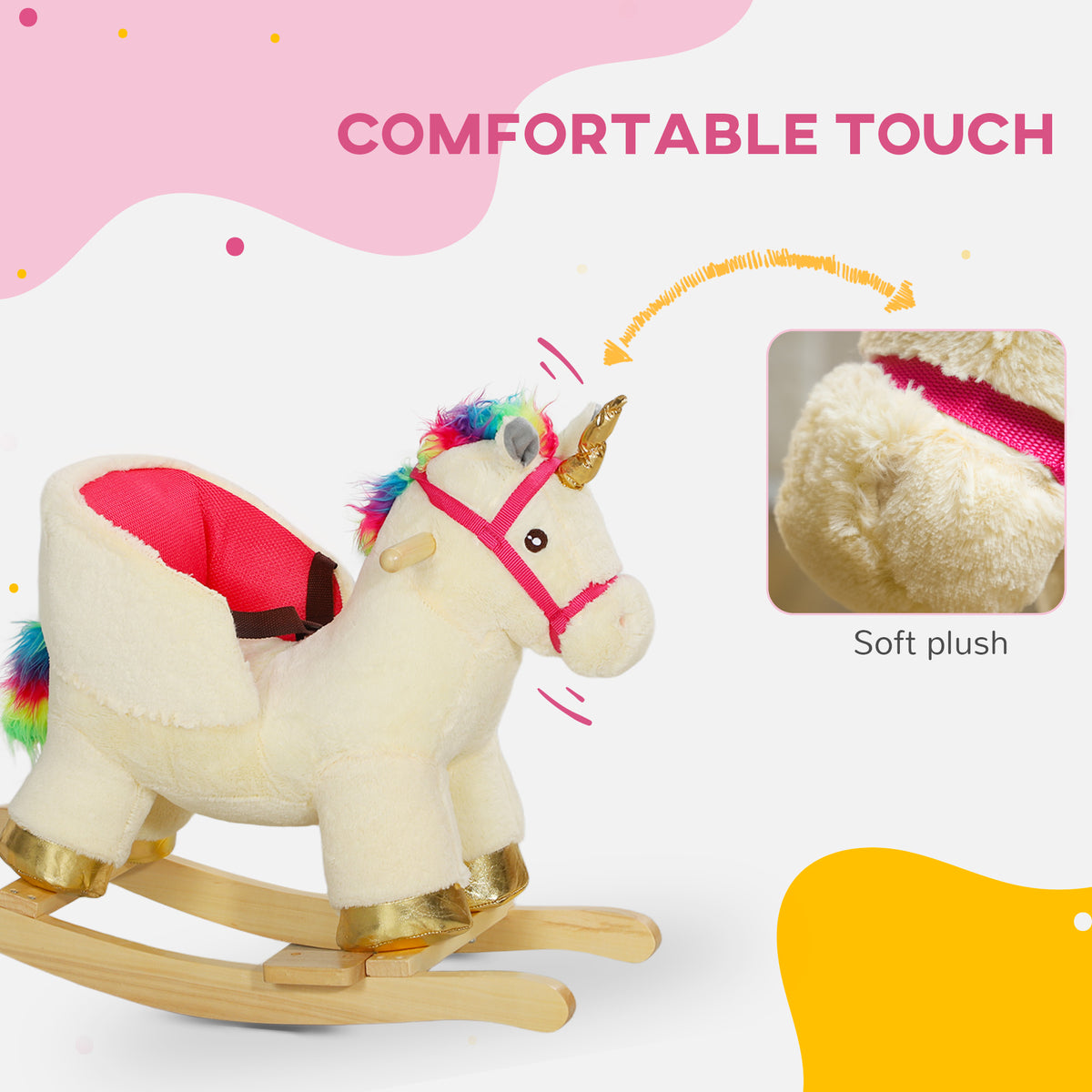 Kids Rocking Horse, Unicorn With Realistic Sound, Safety Belt & Wooden