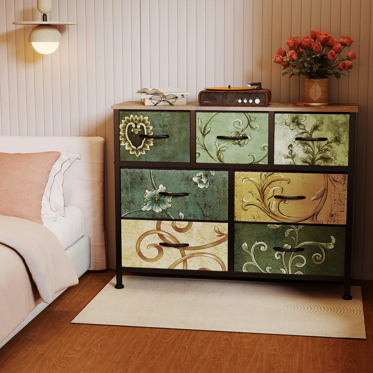 Dresser, Bedside Table With A Movable Fabric Box, Sturdy Steel-framed