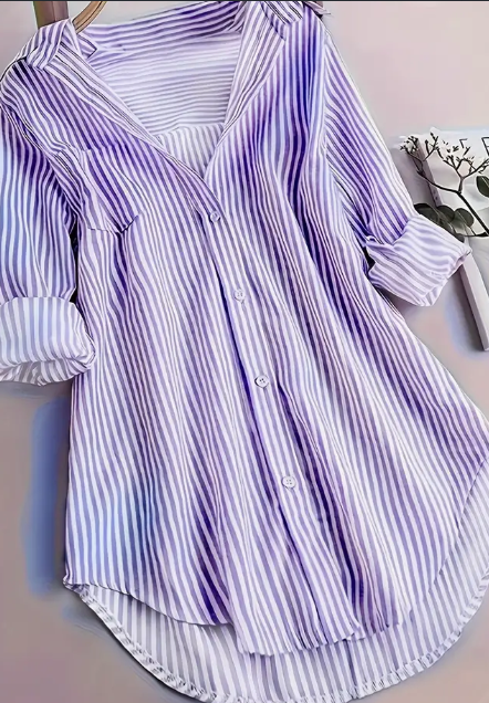 Stripe Print Button Front Blouse, Casual Long Sleeve Blouse For Spring