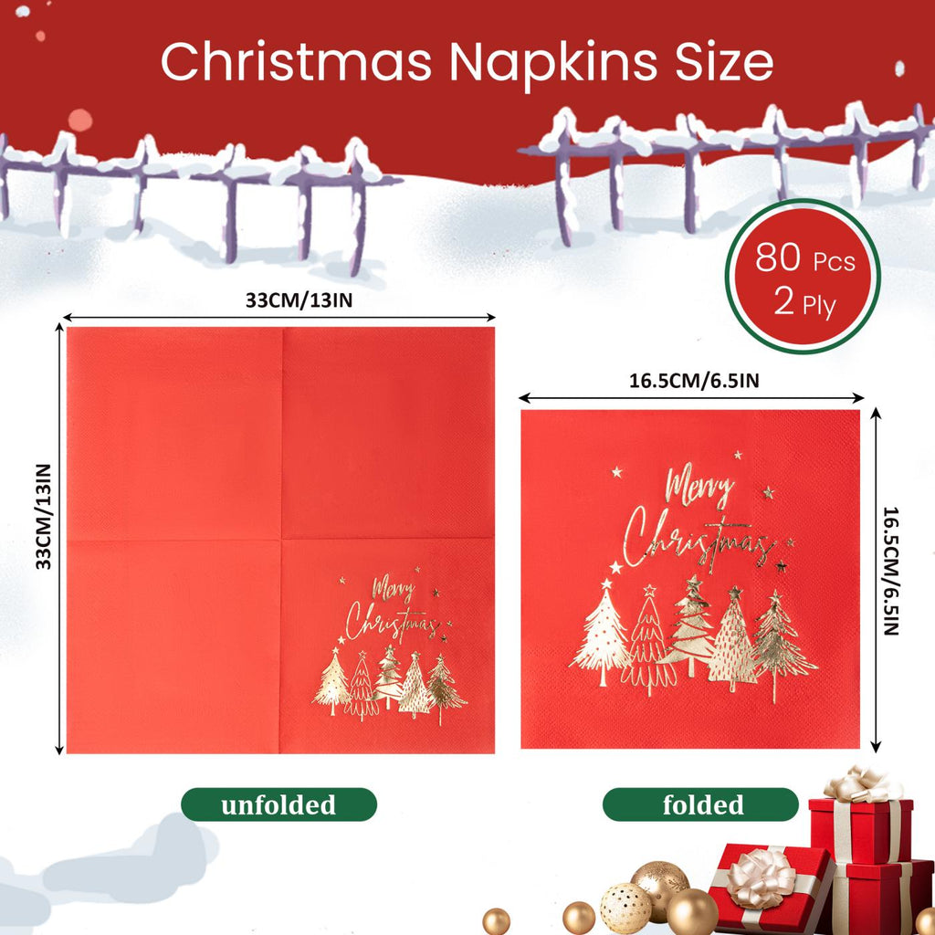 80Pcs Merry Christmas Paper Napkins, Gold Five Xmas Trees Disposable