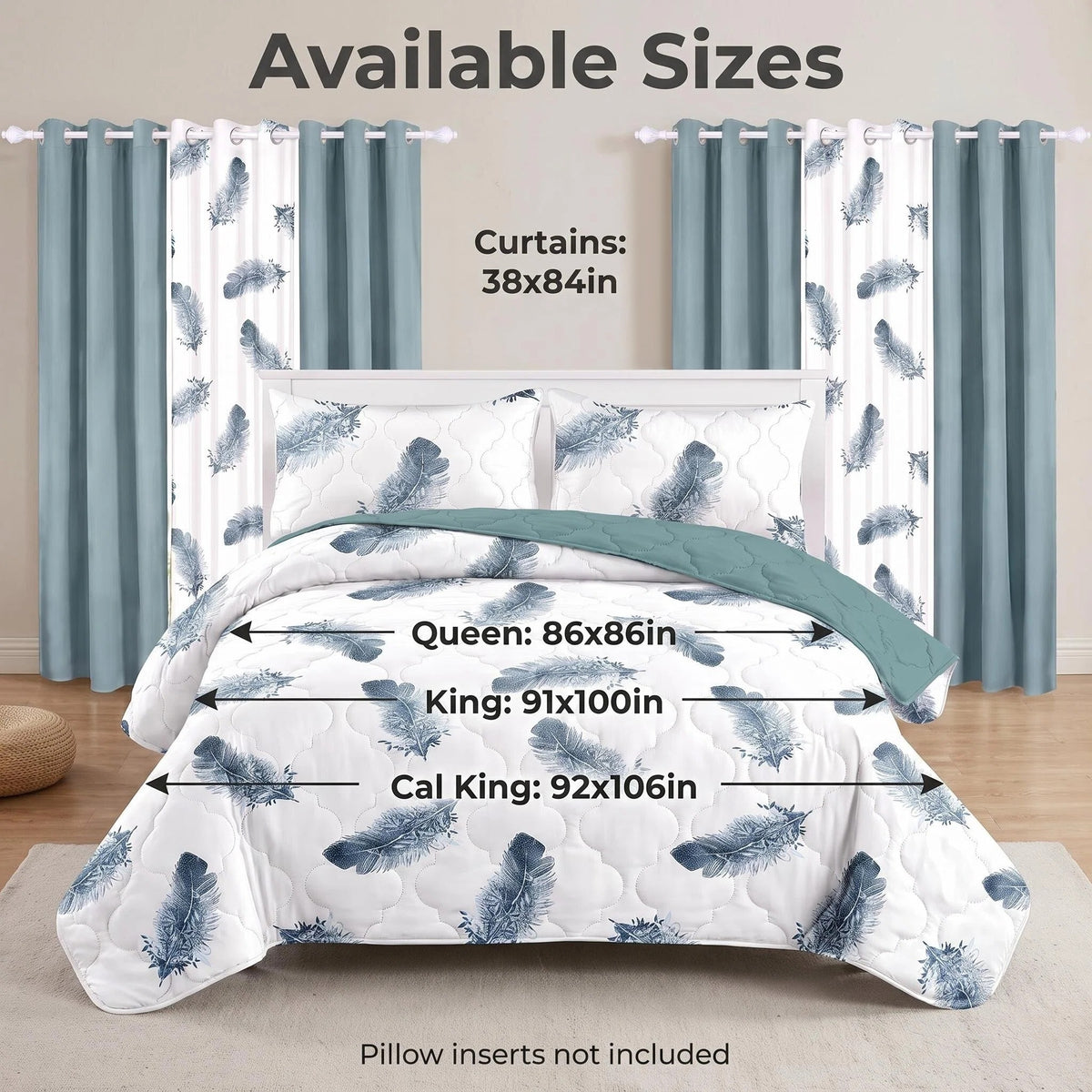 9-Piece Blue Feather Bedspread And Curtain Set, Reversible Microfiber