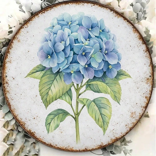 1pc Vintage Blue Hydrangea Round Sign 8x8in, "" Round Sign 8x8in, 8x8in