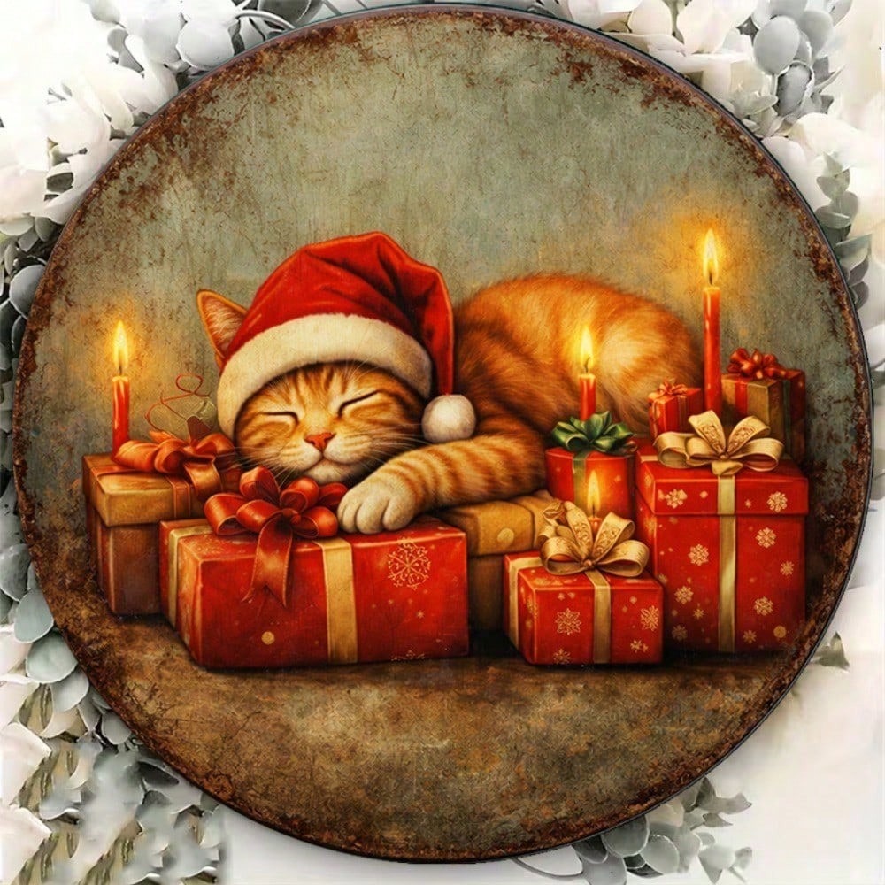 Vintage Christmas Kittens Round Sign 8x8in Cute Xmas Wall Decor
