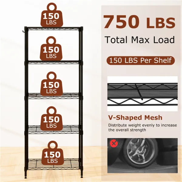 5-Tier Heavy-duty Metal Wire Shelving, 750 LBS Total Load