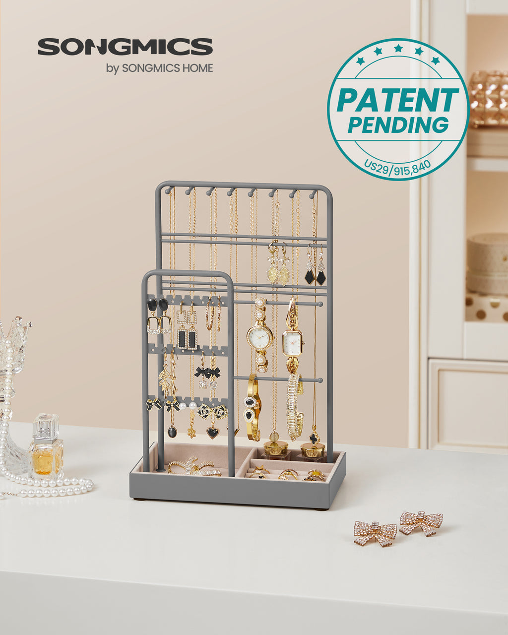 Songmics Jewelry Holder, Display Stand, Metal Frame, Velvet Tray