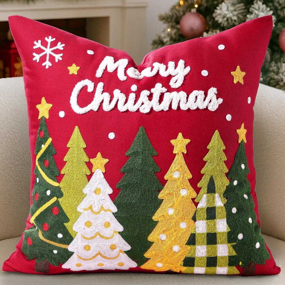 Christmas Embroidered Pillow Cover 18x18 Inch, Red Trees