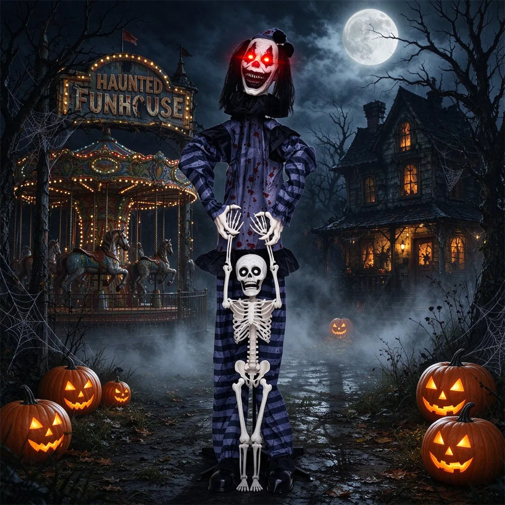 70" Life Size Animated Halloween Clown Prop With Lifted Skeleton
