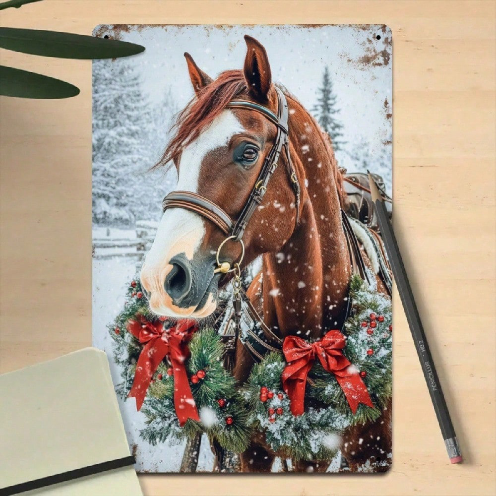 Christmas Horse Metal Wall Decor, Iron Hanging Sign Warm Winter 8x12