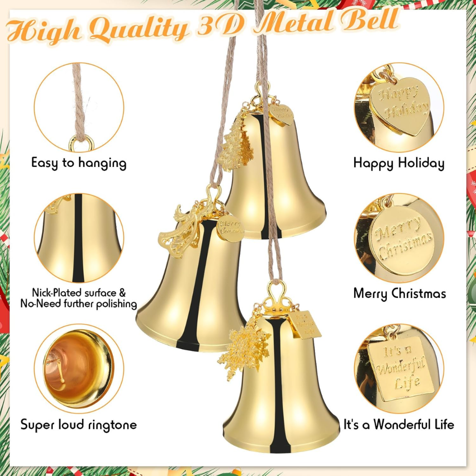 1 Set Large Christmas Bell Ornament Set, Gold Metal Hanging Bells