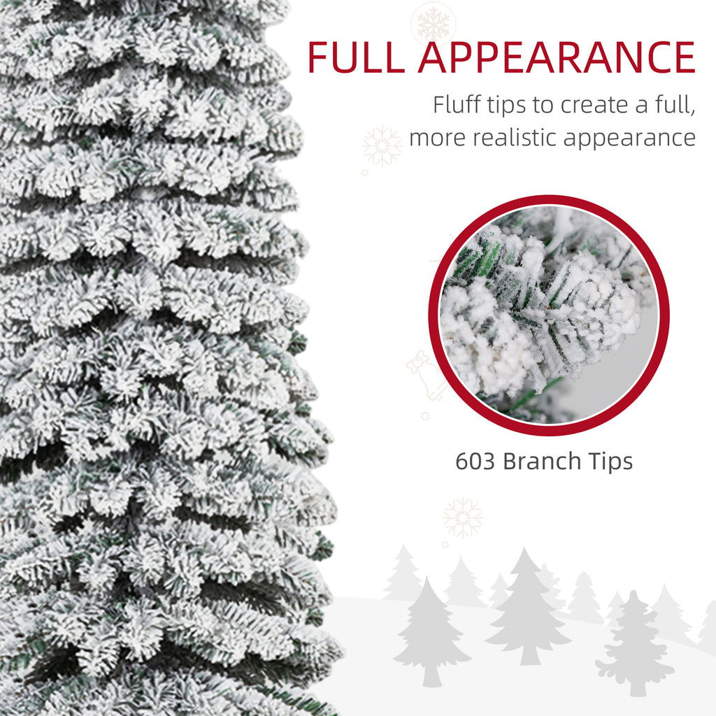 8' Tall Unlit Slim Pencil Xmas Tree, Snow Flocked Artificial Christmas