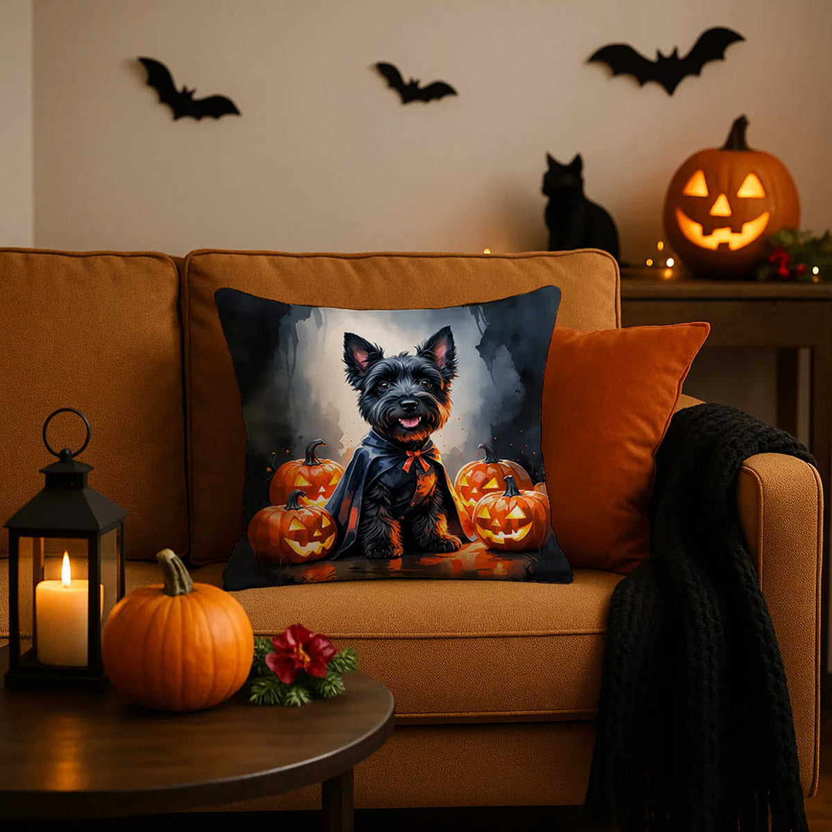 Scottish Terrier Puppy Halloween Throw Pillow Machine Washable, Indoor