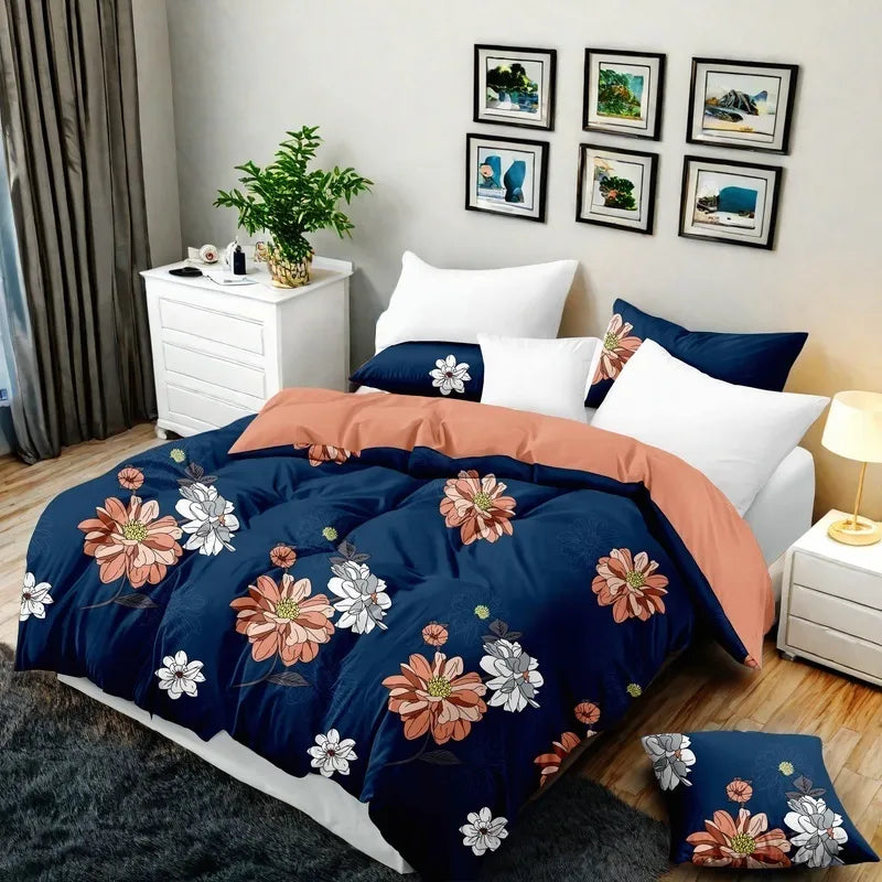 9-Piece Navy & Coral Floral Bedding & Curtain Set - Quilted Microfiber