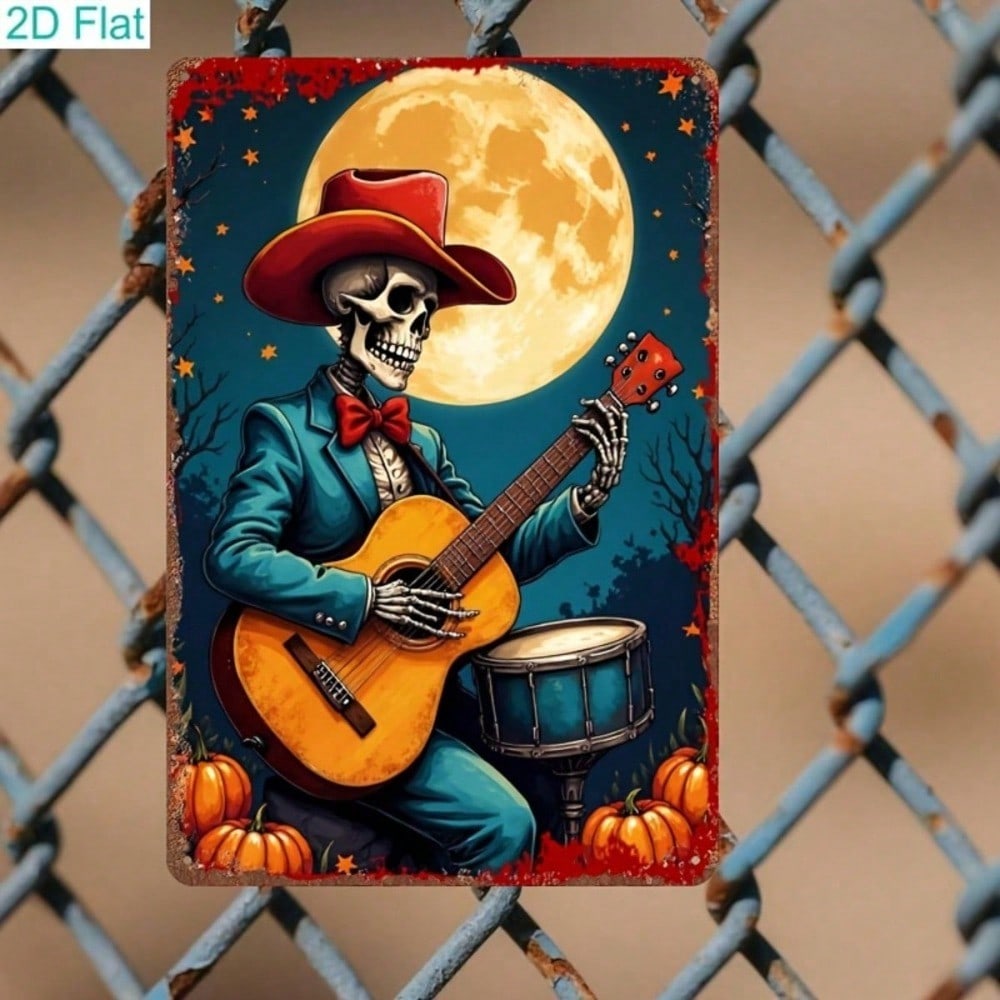 2D Flat Skeleton Cowboy Guitar Sign, Vintage Metal Day Of The Dead Wall