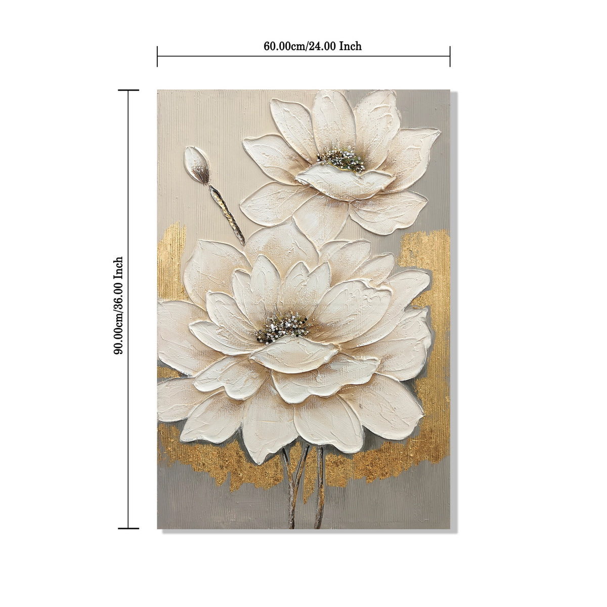 24x36 White Lotus Flower Canvas Wall Art, Hand-painted Thick Textured