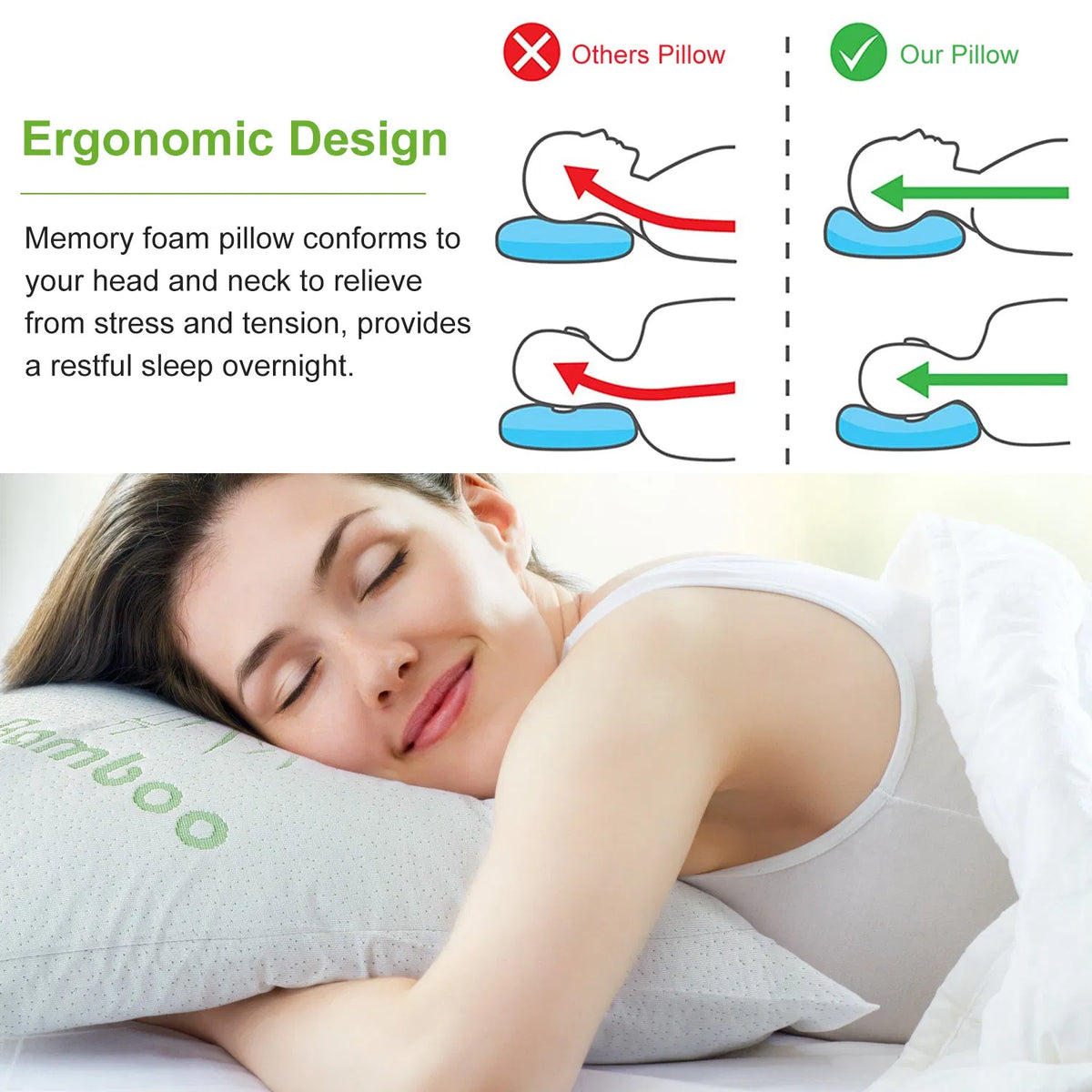 Bamboo Memory Foam Pillow Hypoallergenic Bed Pillow For Head Neck Rest