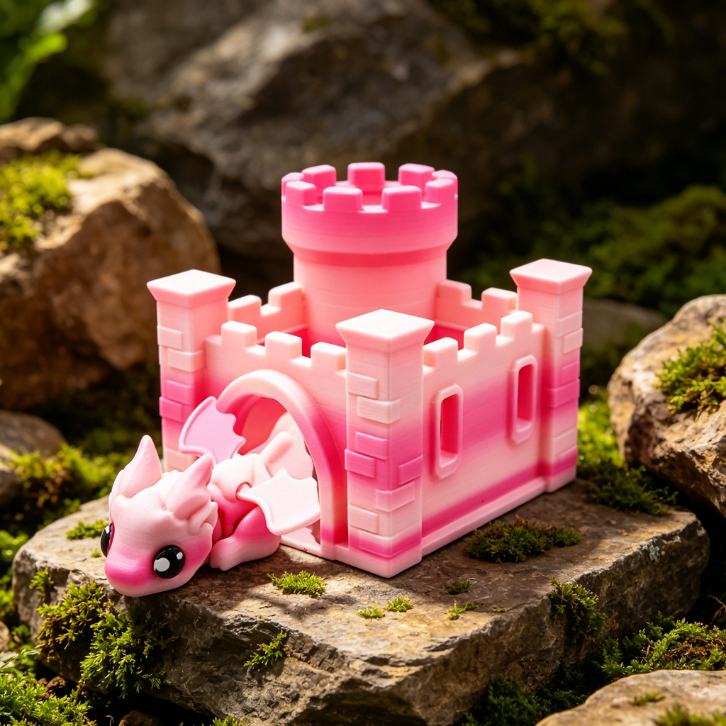 3D Printed Dragon & Castle Set, Articulated Mini Dragon With Castle
