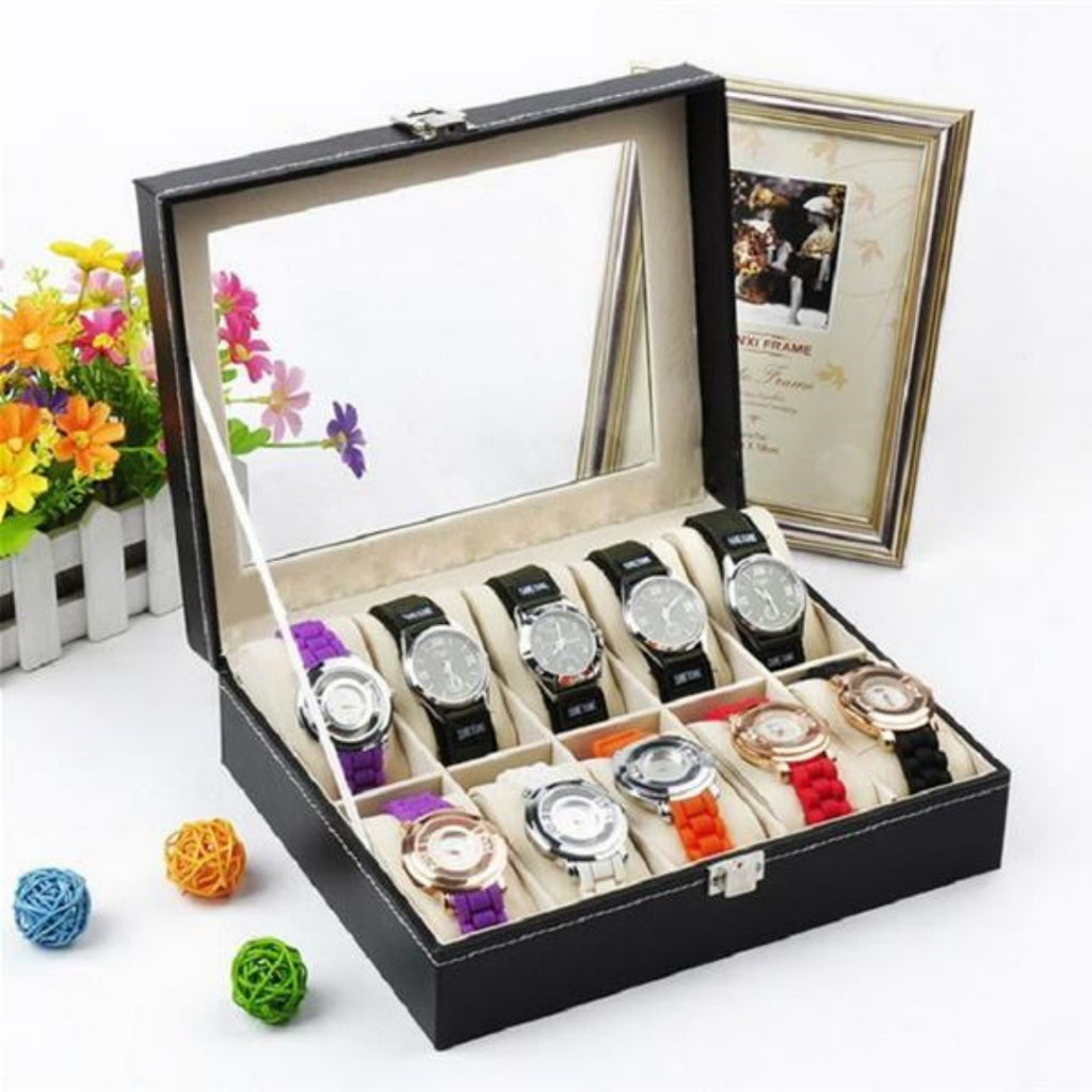 10 Compartments High-grade Leather Watch Storage Box Black