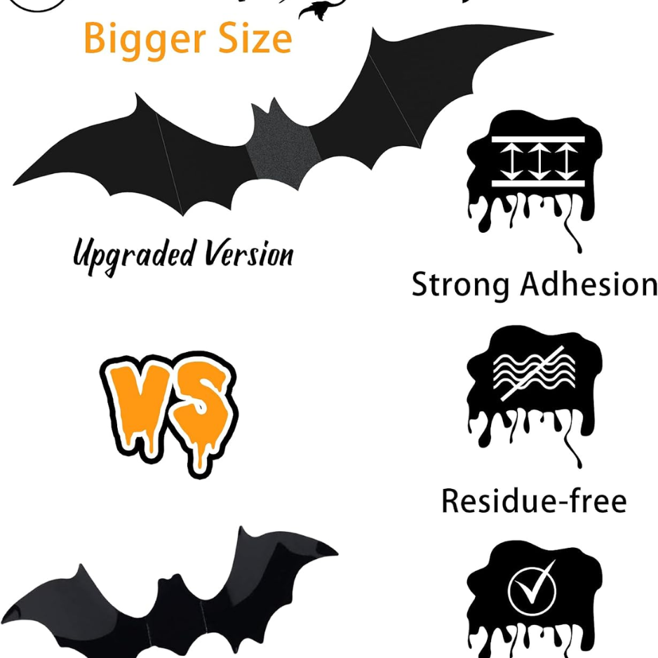 120 Pcs 3D Halloween Bat Decorations, 5 Sizes, Removable Wall Decor