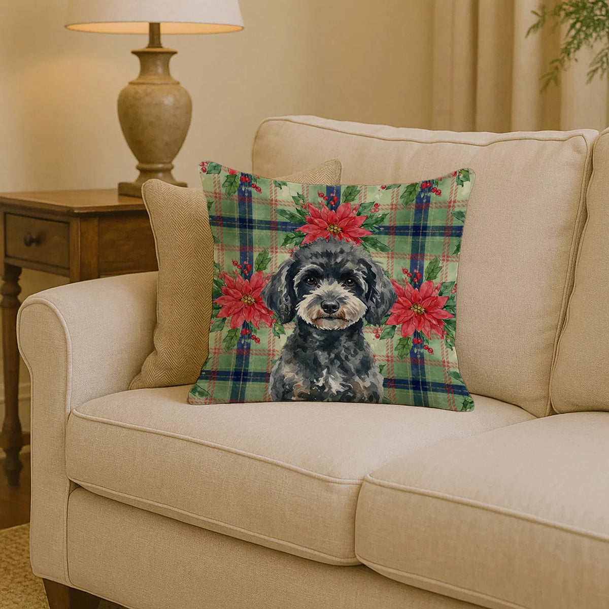 Miniature Black Poodle Christmas Poinsettias Throw Pillow Decorative