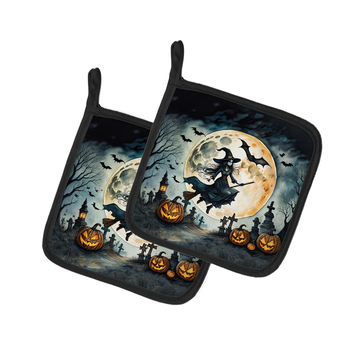 Flying Witch Spooky Halloween Pair Of Pot Holders Kitchen Heat