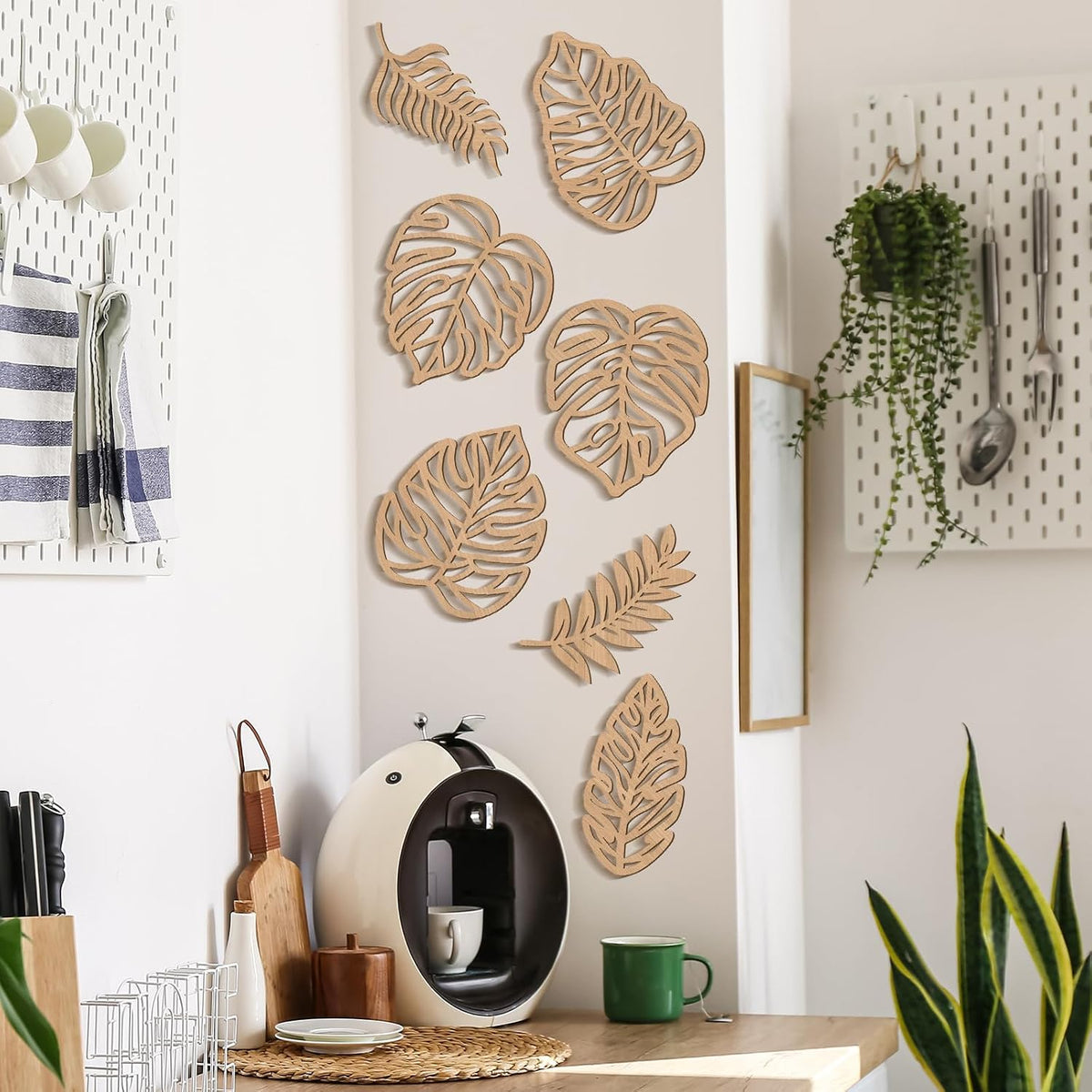 Tropical Wall Decor 7 Units, Wooden Palm Leaf And Monstera Jungle Art