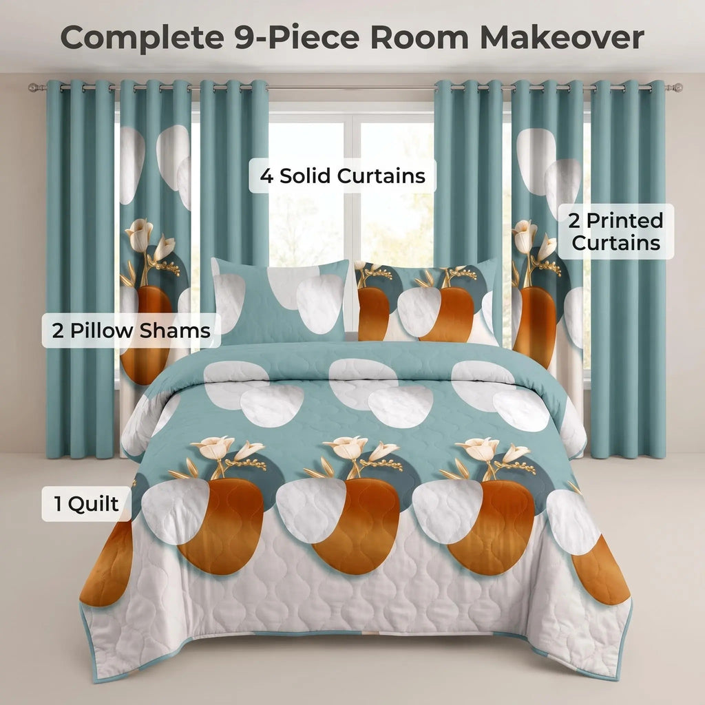 9-Piece Green Dot Quilted Bedspread And Curtain Set, Microfiber Bed