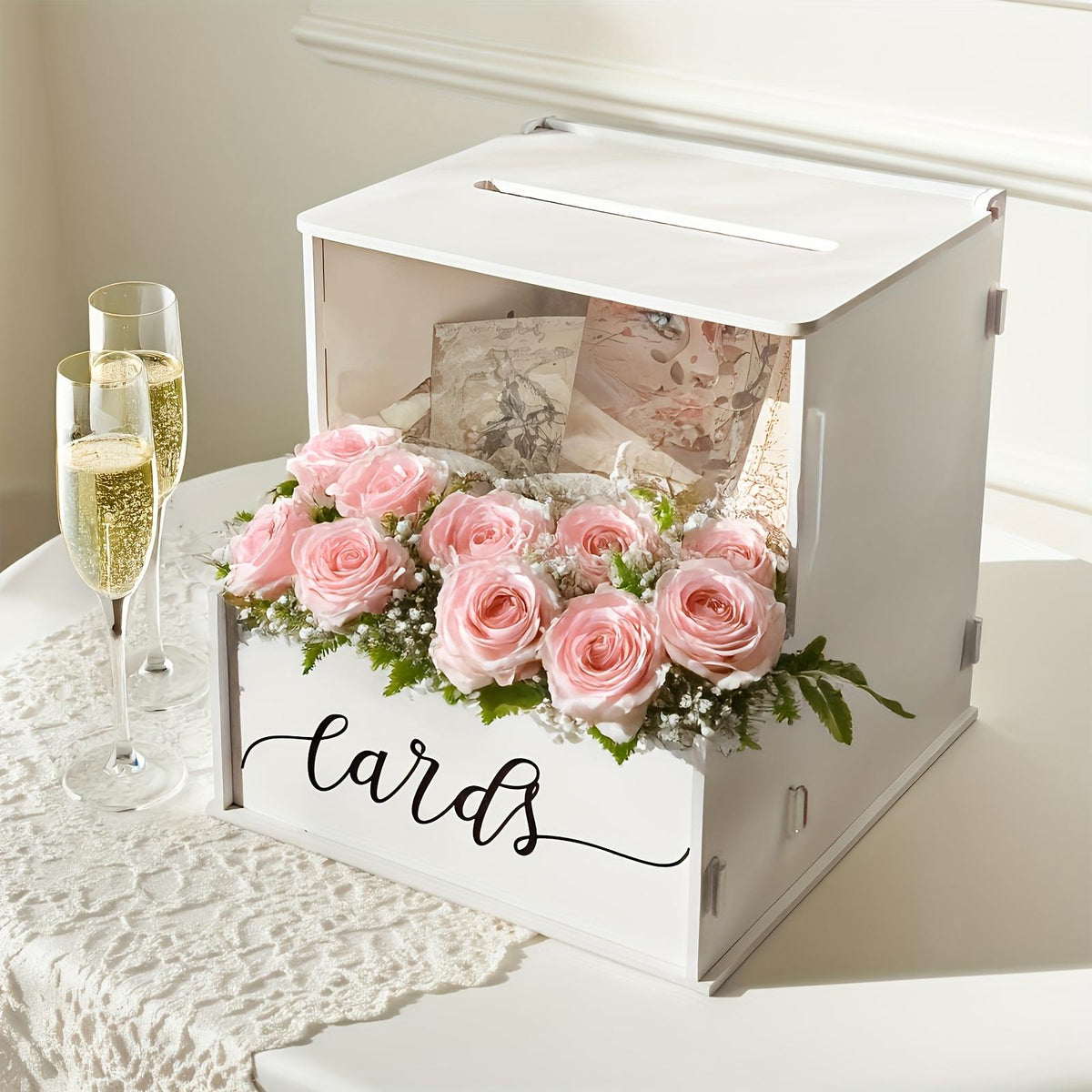 Elegant White PVC Rectangular Wedding Card Box With Lockable Lid