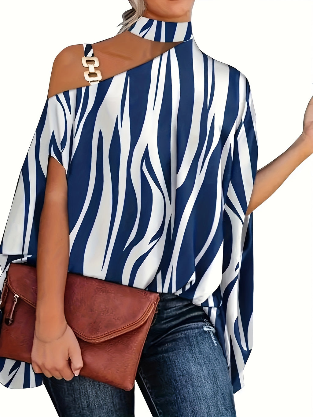 Leaves Print One Shoulder Blouse, Elegant Chain Strap Mock Neck Short