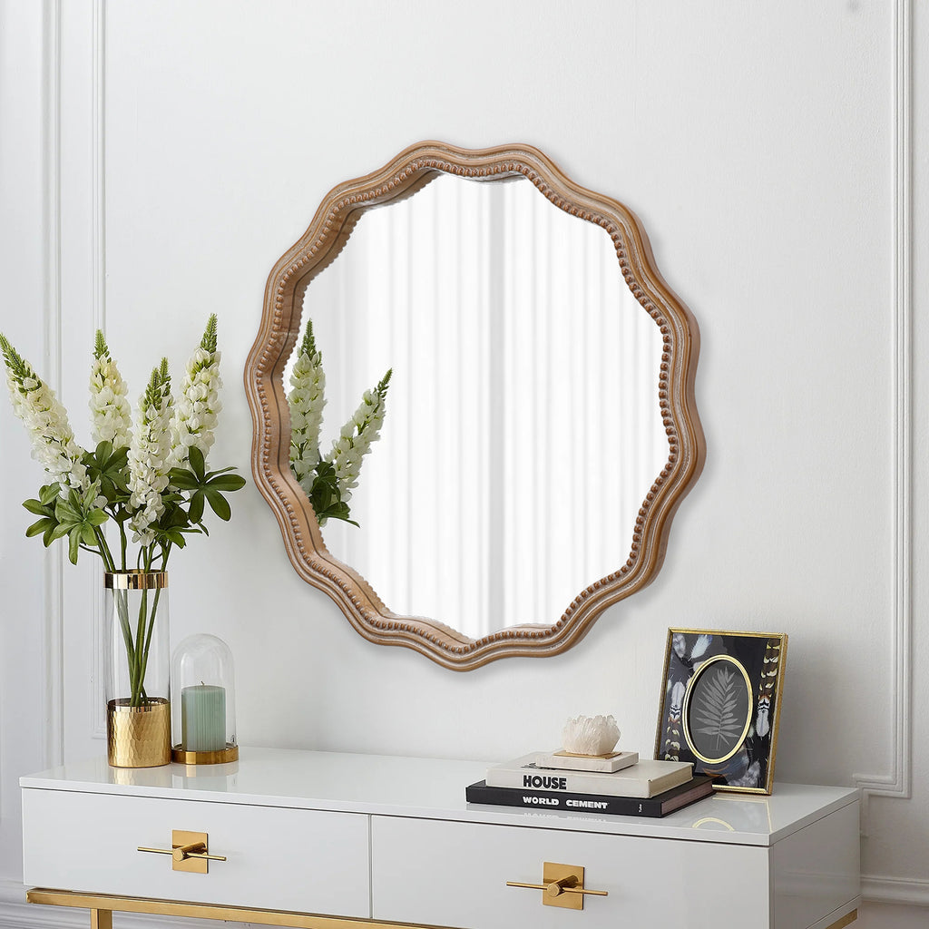 23.62 Inches Wood Round Wavy Wall Mirror Round Wall Mirror Scalloped