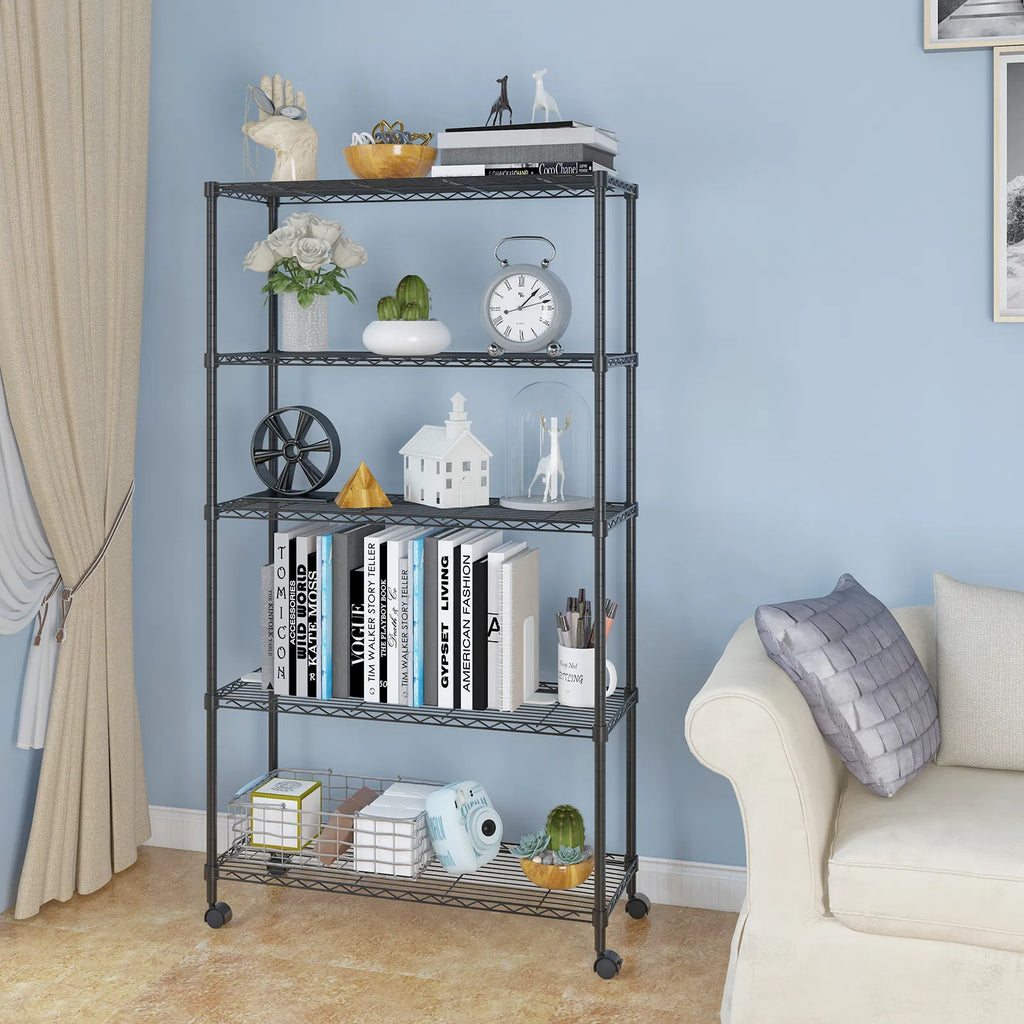 5-Layer Plastic Coated Iron Shelf With 1.5" Nylon Wheels 165*90*35 Black