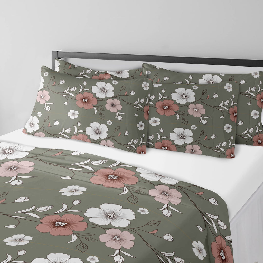 5 Piece Reversible Duvet Cover Set, US Designer Sage Green Vintage