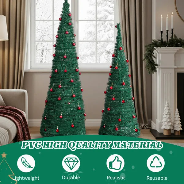 2 Pack, 6FT 5FT Artificial Up Christmas Tree With Red Ball Ornaments