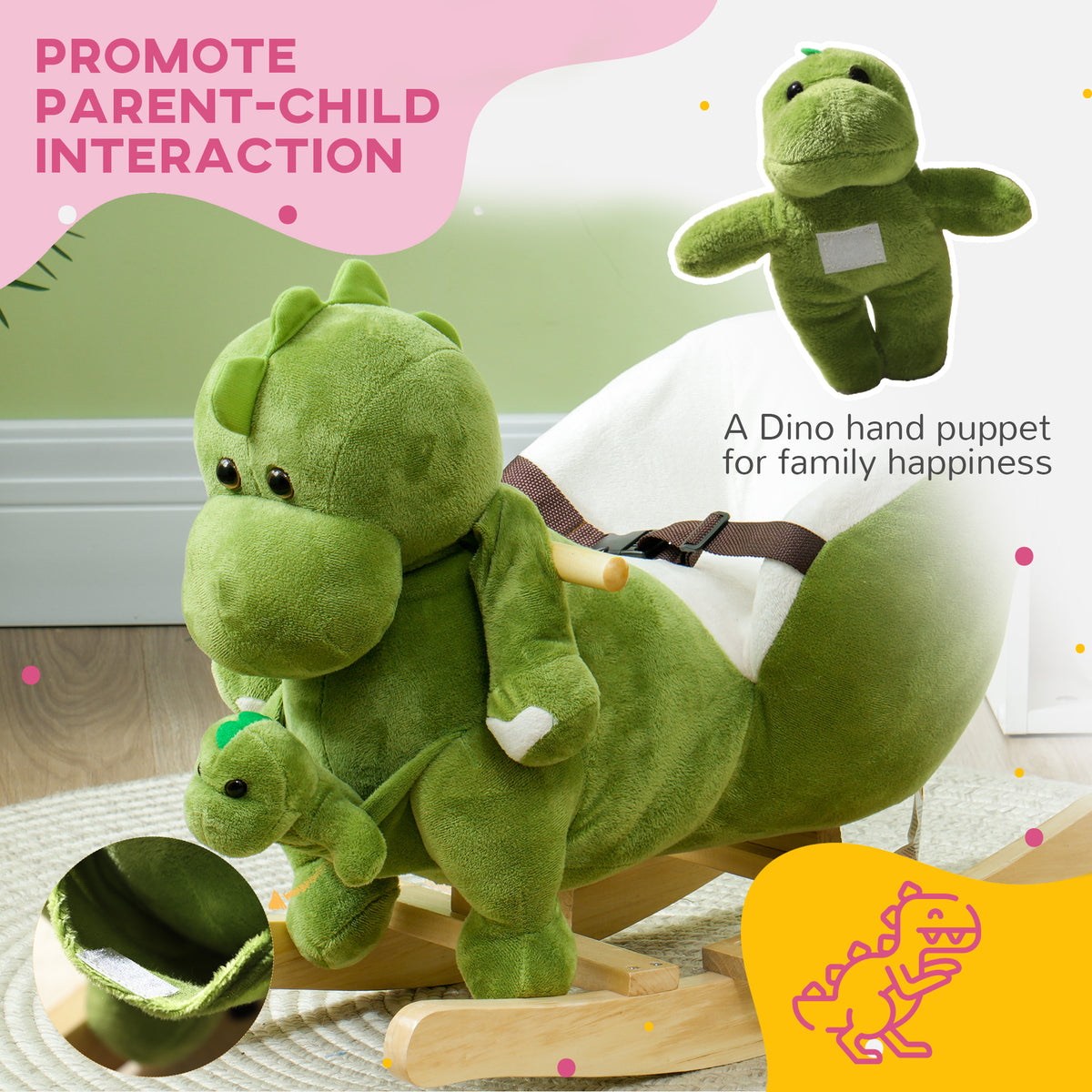 Rocking Horse, Ride On Dinosaur W/ Seat Belt, 32 Songs & Hand Puppet