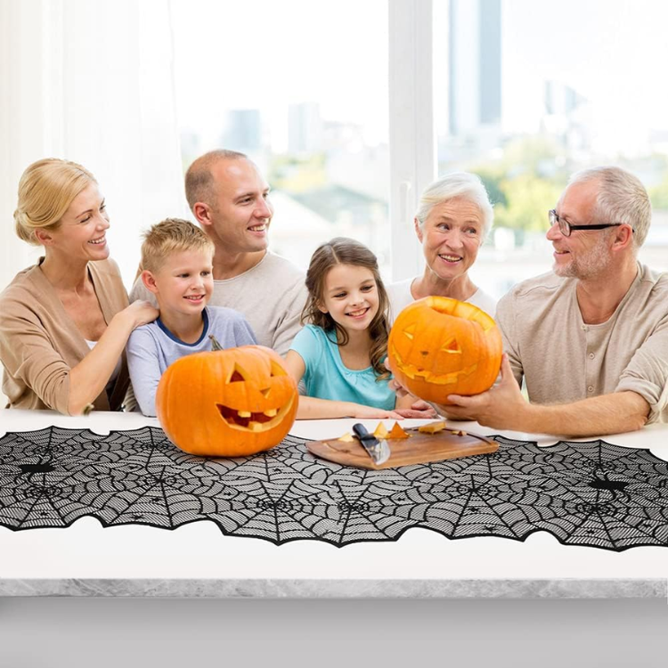 Halloween Black Lace Spider Web Table Runner, 18 X 72 Inch Spooky Table