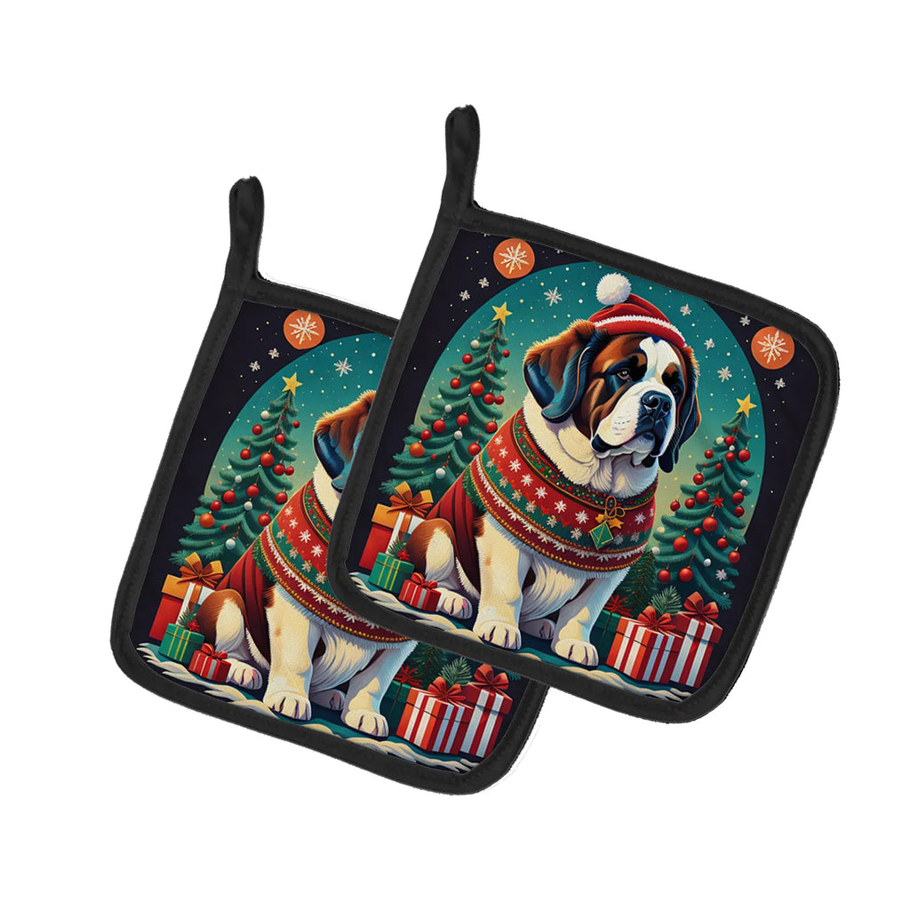 Saint Bernard Christmas Pair Of Pot Holders Kitchen Heat Resistant Pot