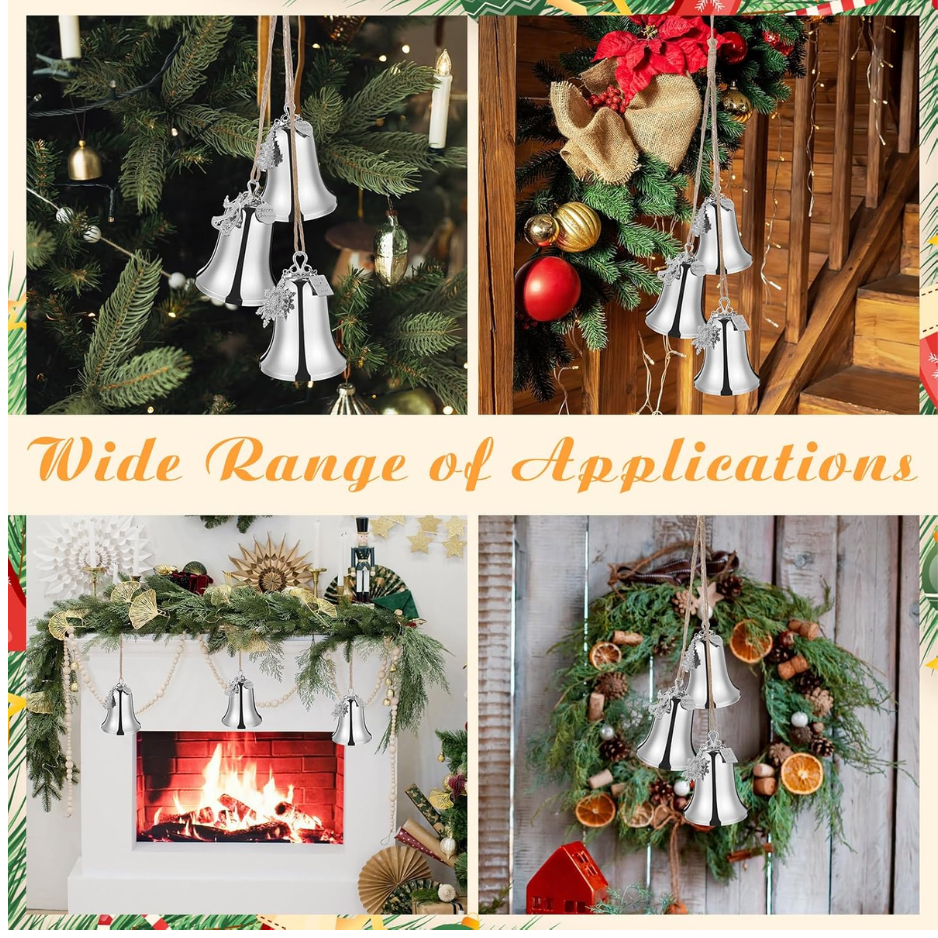 1 Set Large Christmas Bell Ornaments, Silver Metal Hanging Bells