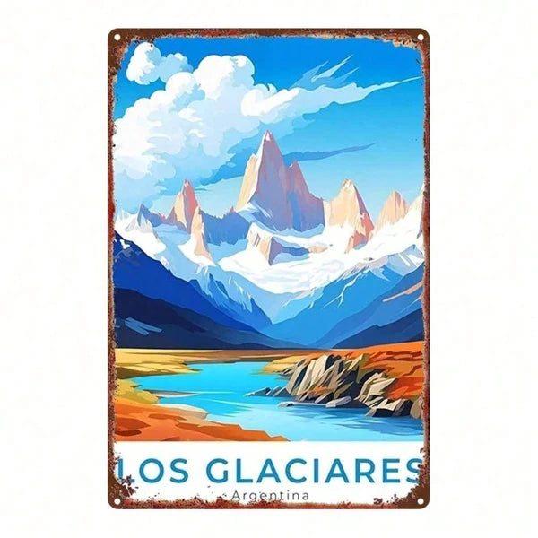 1pc Vintage Metal Sign Argentina Los Glaciares Snow Mountain Lake View