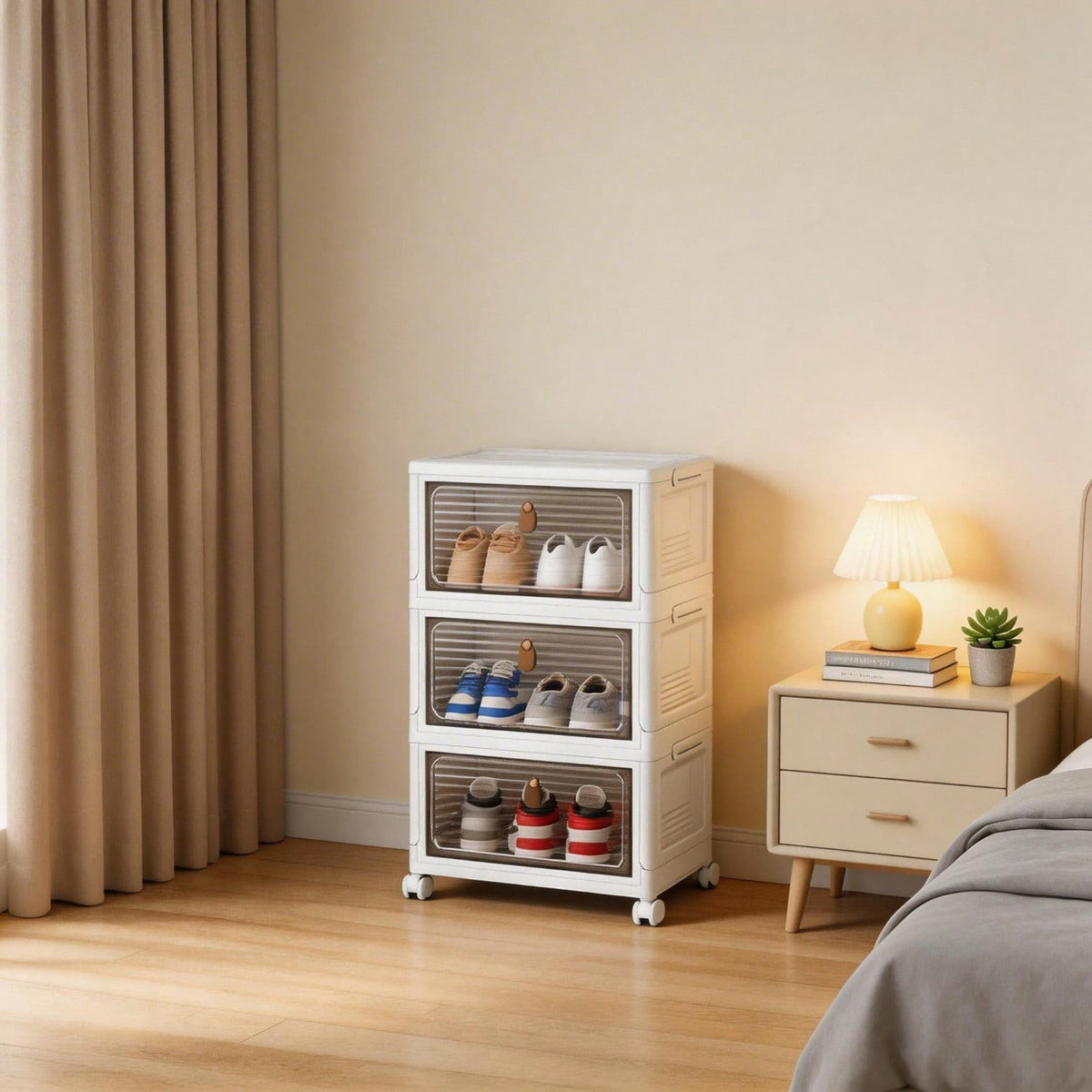Dustproof Clear Plastic Shoe Storage Box Stackable Foldable 3Tier Shoe