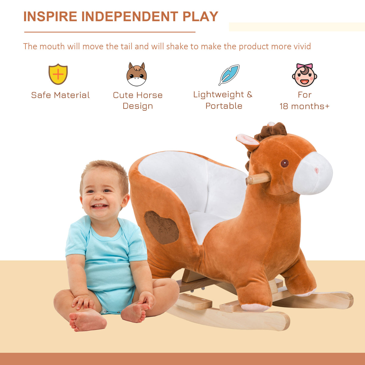 Kids Ride On Rocking Horse, Plush Animal Toy Sturdy Wooden Rocker