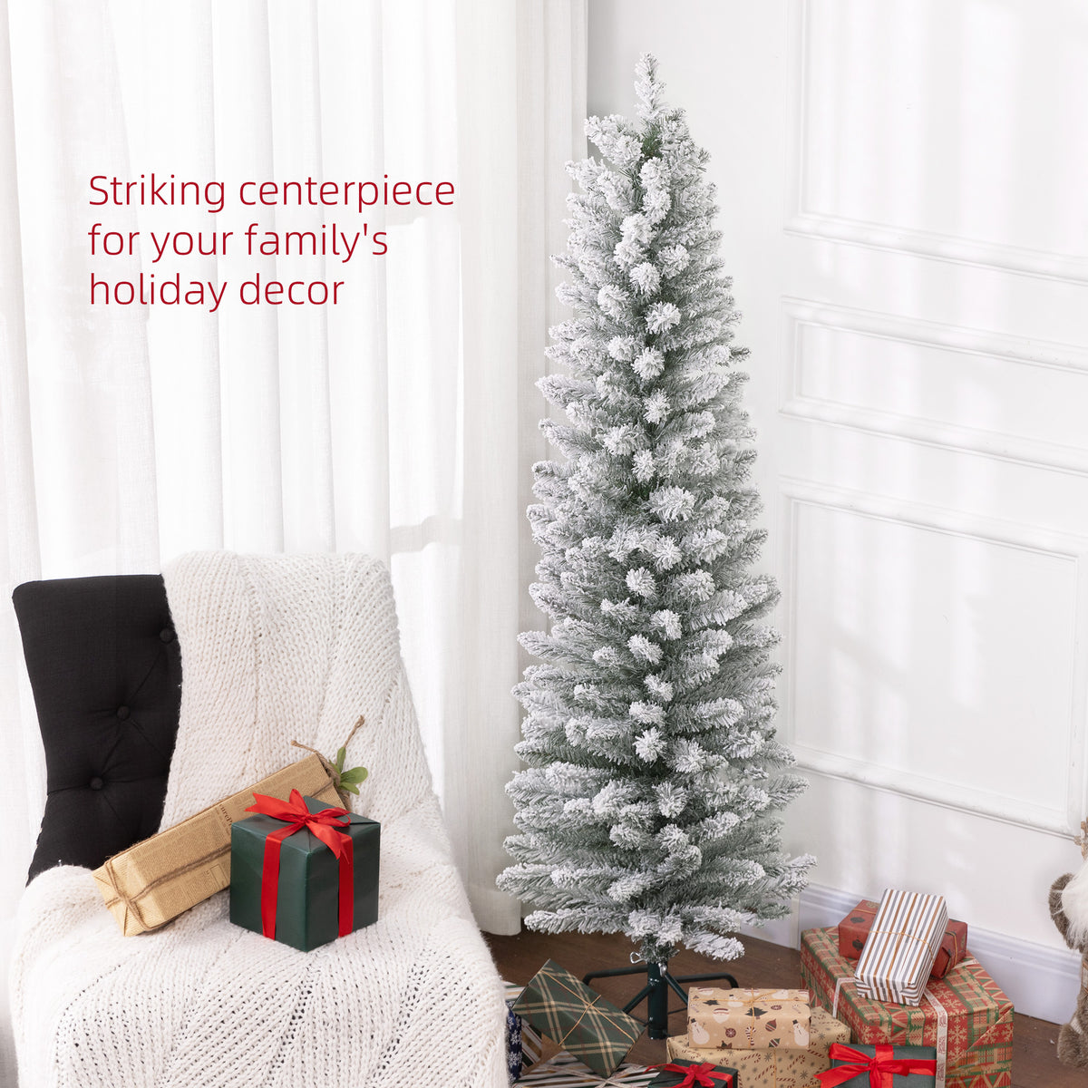 5ft Artificial Christmas Tree, Snow Flocked Branches, Metal Base