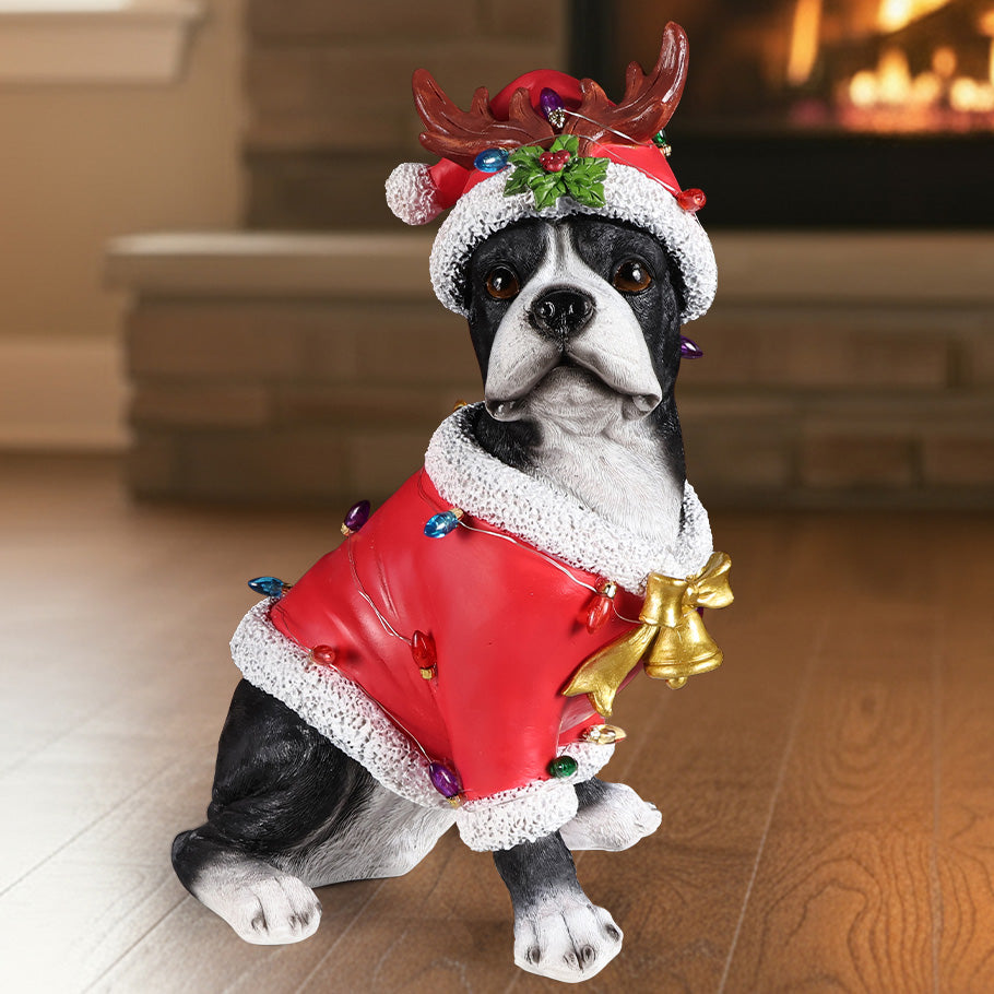 Christmas Boston Terrier Statue, Holiday Dog Figurine In Santa Outfit