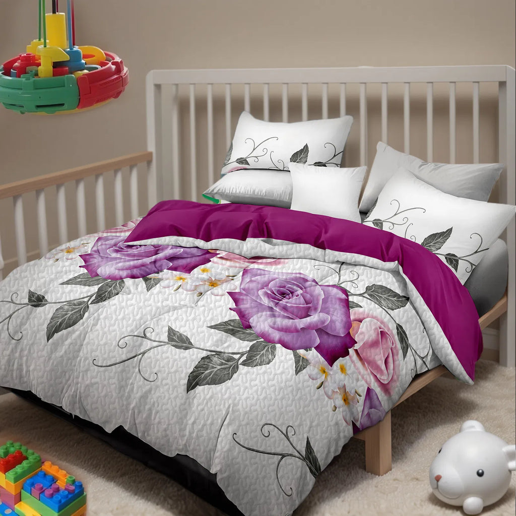 9-Piece Purple Rose Bedding & Curtain Set - Quilted Microfiber