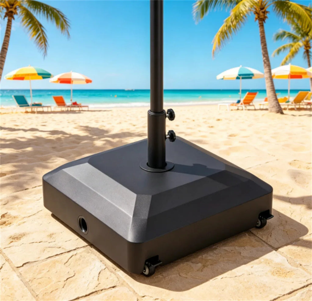 Black Fillable Umbrella Base With Wheels & Brakes, Heavyduty Water/sand