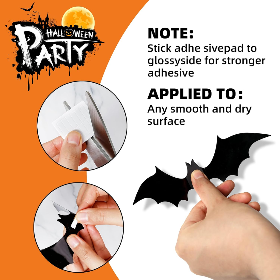 120Pcs 3D Bat Wall Decor Stickers - Realistic Black PVC Bat Decals