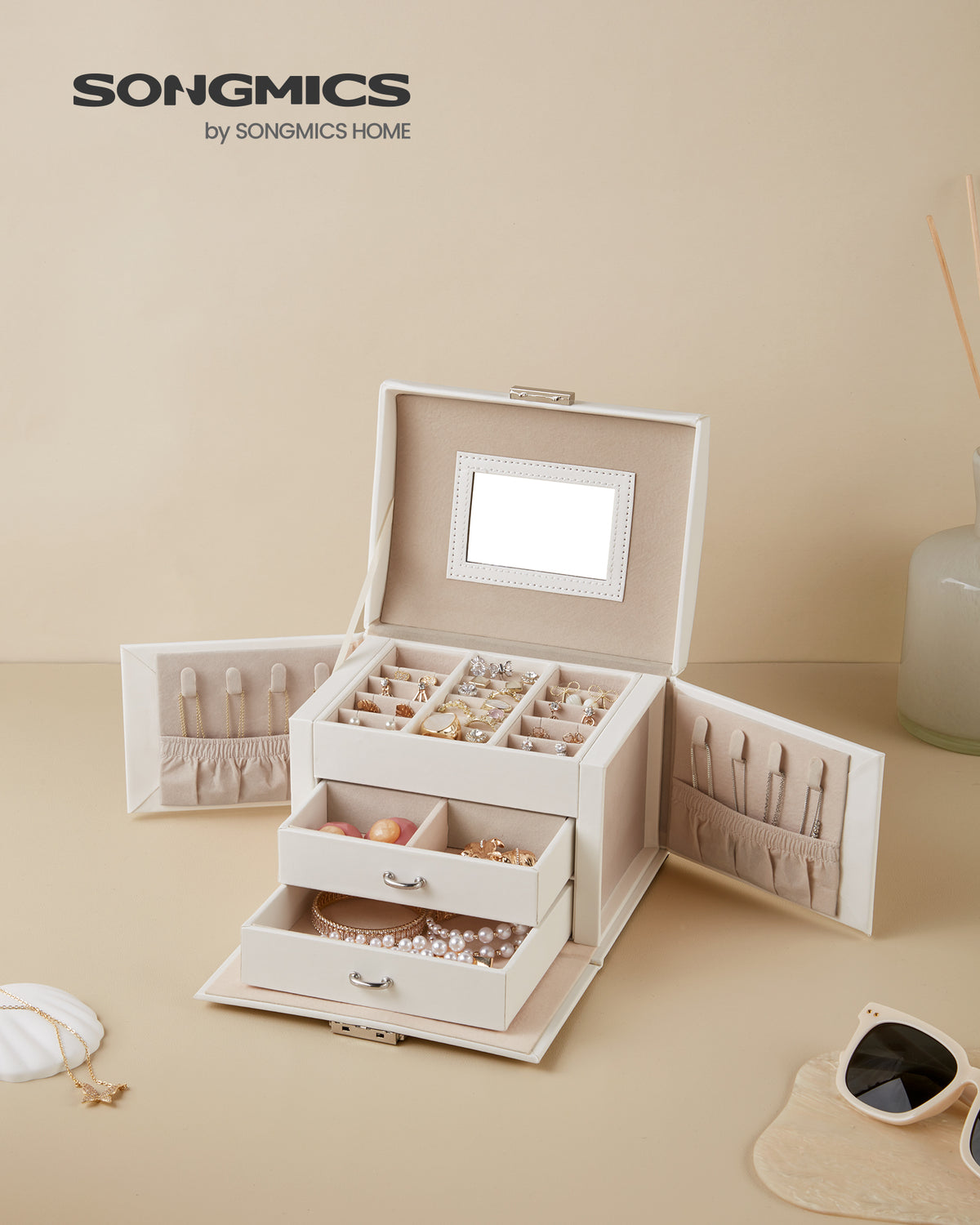 3 Tier Jewellery Box With Mirror, Lockable Jewellery Organiser